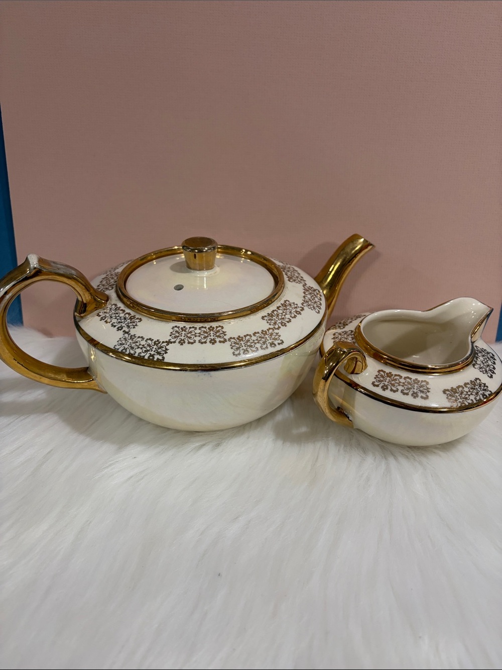 Sudlow’s Elegant  Gold-Trim Iridescent Porcelain Teapot and Creamer